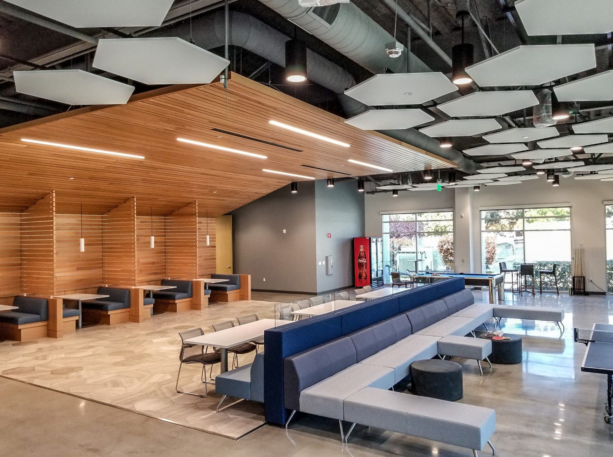 suspended wooden ceiling in building common area