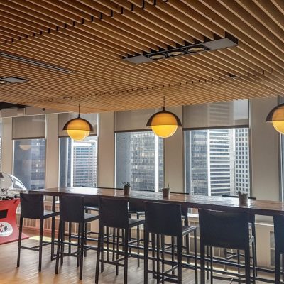 9Wood 1100 Cross Piece Grille wood ceiling installation at the Joey's Restaurants Head Office, Vancouver, British Columbia. SSDG Interiors.