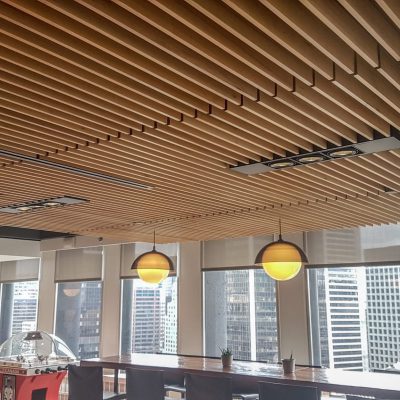 9Wood 1100 Cross Piece Grille wood ceiling installation at the Joey's Restaurants Head Office, Vancouver, British Columbia. SSDG Interiors.