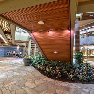 9Wood 1400 Dowel/Cross Piece Grille at the Royal Hawaiian Center. Architects Hawaii Limited.