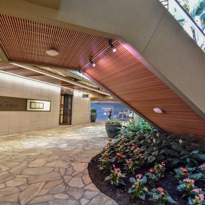 9Wood 1400 Dowel/Cross Piece Grille at the Royal Hawaiian Center. Architects Hawaii Limited.