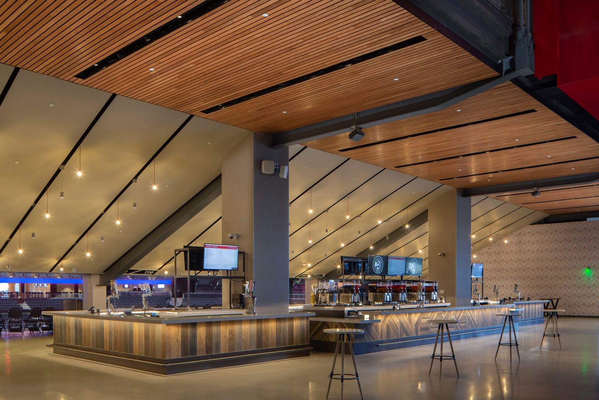 dropped wood ceiling in stadium bar