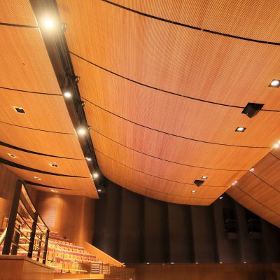 9Wood 1100 Cross Piece Grille at the Soka University Performing Arts Center, Aliso Viejo, CA. ZGF.