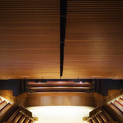 9Wood 1100 Cross Piece Grille at the Soka University Performing Arts Center, Aliso Viejo, CA. ZGF.