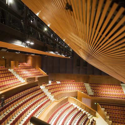 9Wood 1100 Cross Piece Grille at the Soka University Performing Arts Center, Aliso Viejo, CA. ZGF.