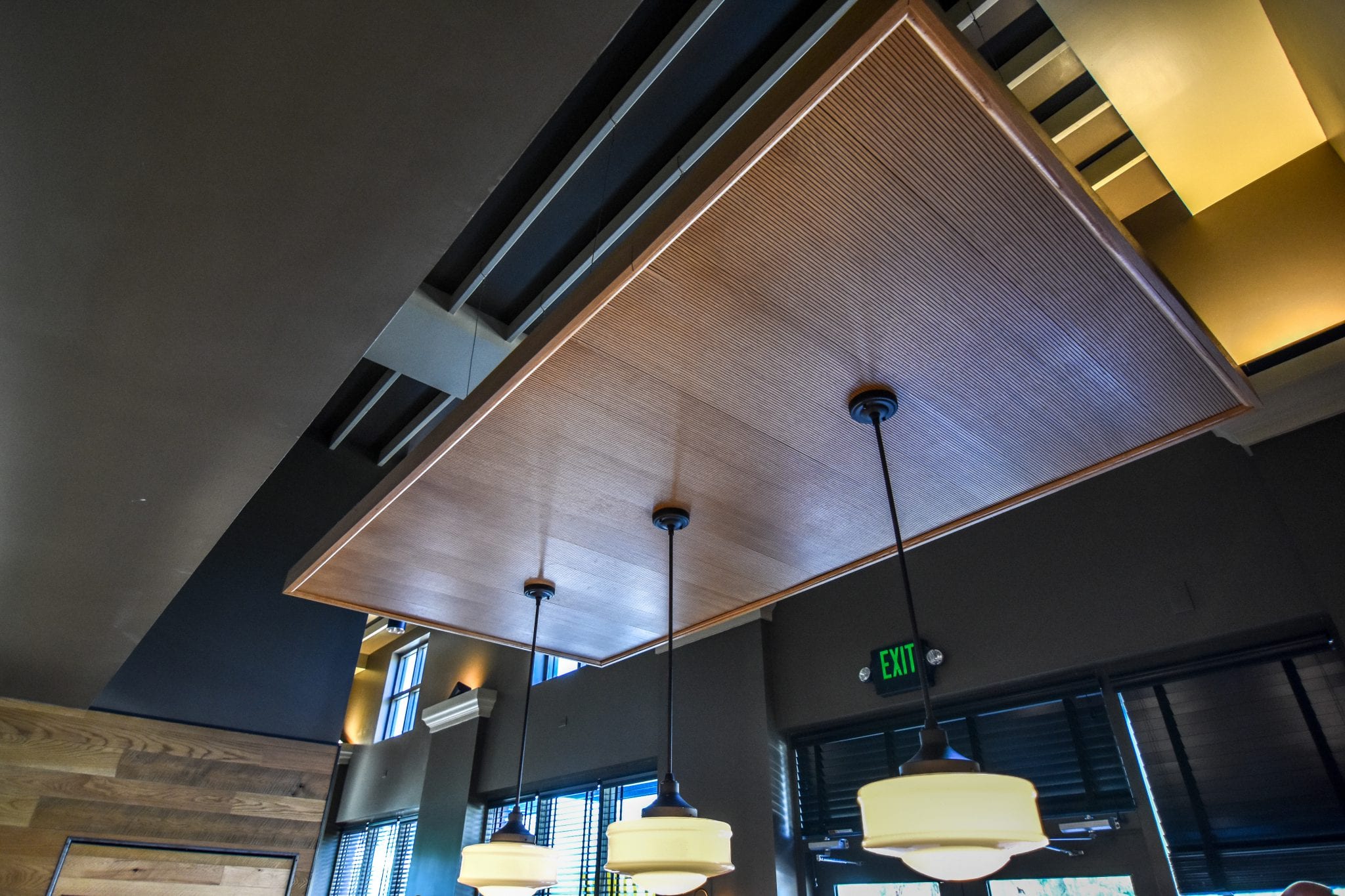 hanging wood ceiling in commercial building