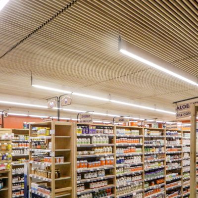 9Wood 1100 Cross Piece Grille at Natural Grocers, Boise, Idaho. vega Architecture.