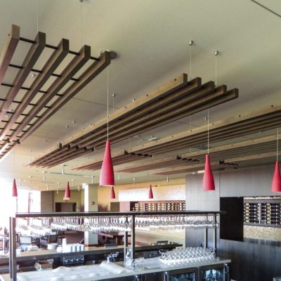 9Wood 1200 Dowel Grille at Ravinia Festival Dining Pavilion, Highland Park, Illinois. Lohan Anderson Architect.