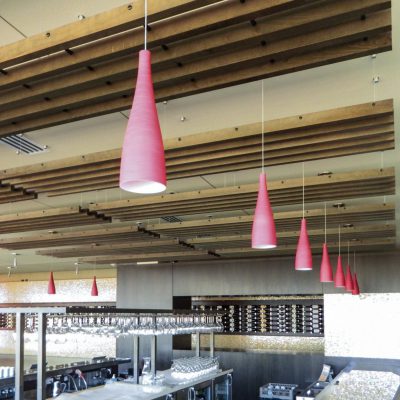 9Wood 1200 Dowel Grille at Ravinia Festival Dining Pavilion, Highland Park, Illinois. Lohan Anderson Architect.