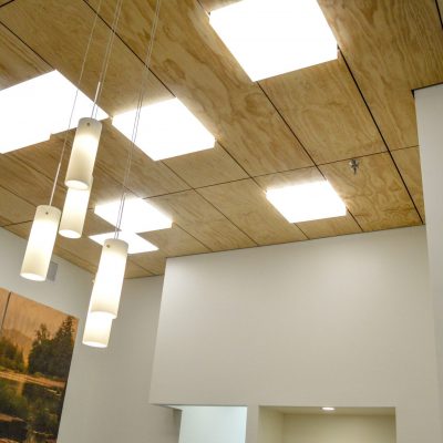The 9Wood 4600 True Access Tile could be applied to an installation similar to this installation photo. Each panel would be fully accessible without tools and without jeopardizing the clean alignment across the entire ceiling.
