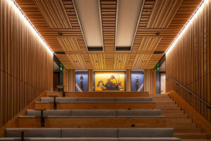 http://9Wood's%209100%20Hybrid%20Panel%20in%20Solid%20Western%20Hemlock%20with%20Oak%20stain%20in%20a%20University%20setting.