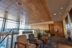 http://The%209Wood%204900%20Wall%20Tile%20in%20White%20Maple%20Veneer%20with%20Custom%20Stain%20in%20an%20office%20atrium.