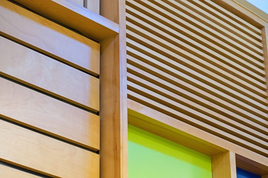 9Wood 1400 Dowel/Cross Piece Grille at the CSU Pueblo Psychology Building, Pueblo, Colorado. demmon design studios.