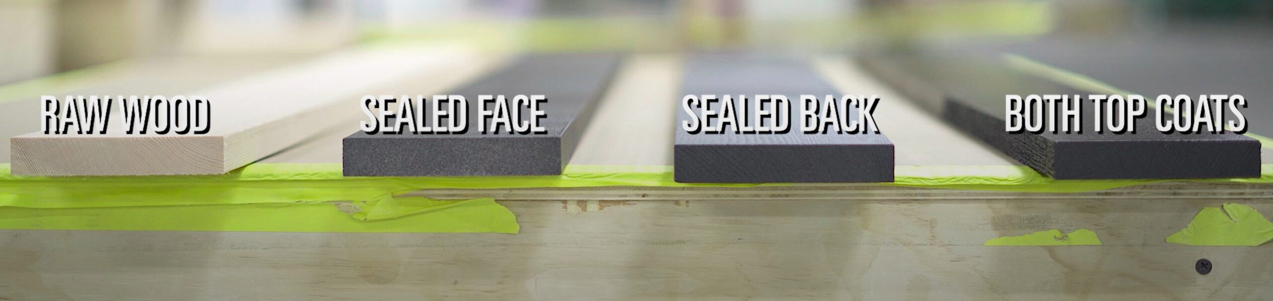 this image shows for different boards at different steps in the process. To the far left is a board with no stain and no finish. The one immediately to the right has a sealed face but you can still see the original wood color. The final two on the right show a fully sealed back and the full top coat experience.