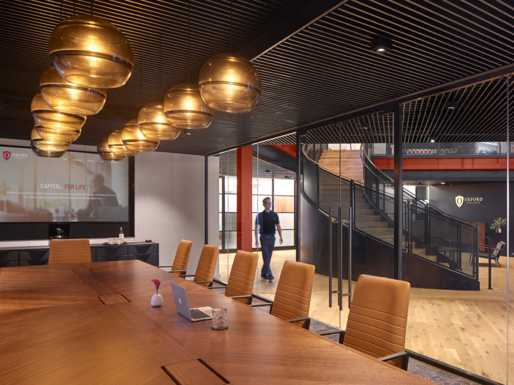 Dark stained wood grille ceiling by 9Wood at Oxford Finance in Alexandria, VA