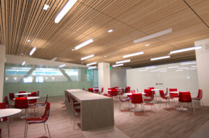 http://9Wood's%209100%20Hybrid%20Panel%20in%20Solid%20Western%20Hemlock%20in%20a%20mixture%20of%20patterns%20in%20a%20University's%20public%20space.