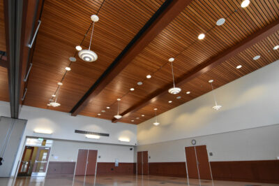 9Wood's 2100 Panelized Linear in Cherry Veneer with a Custom Stain in a Community Center setting.